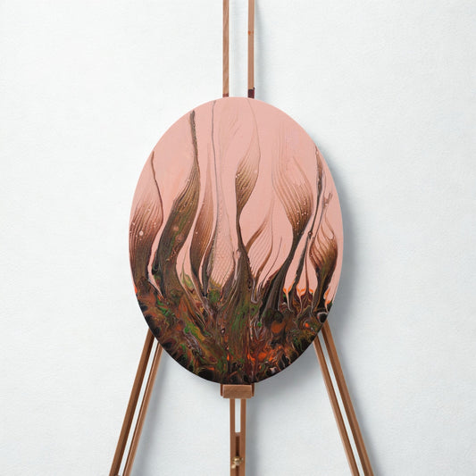 Abstraktes ovales Acrylbild in beigen Farben auf Staffelei