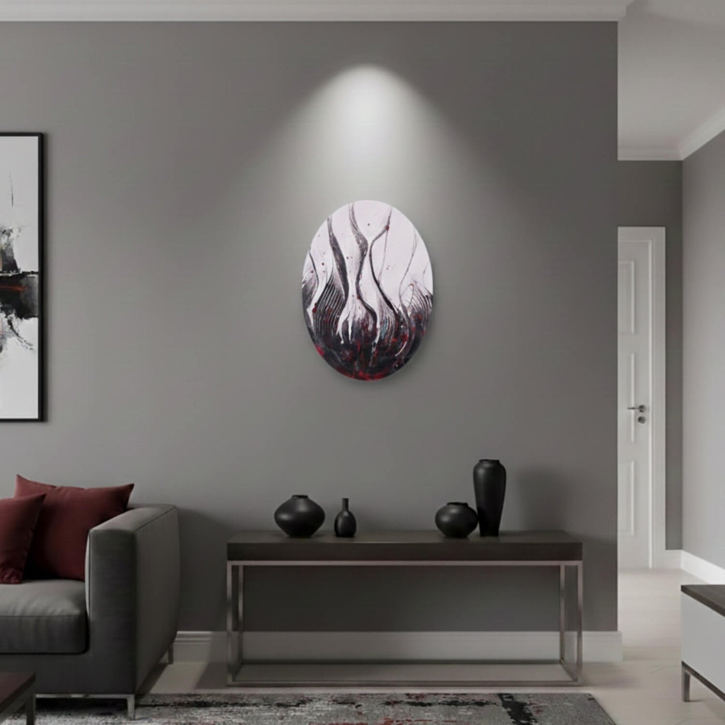 Abstraktes ovales Acrylgemälde in schwarz weiß rot an Wohnzimmer Wand