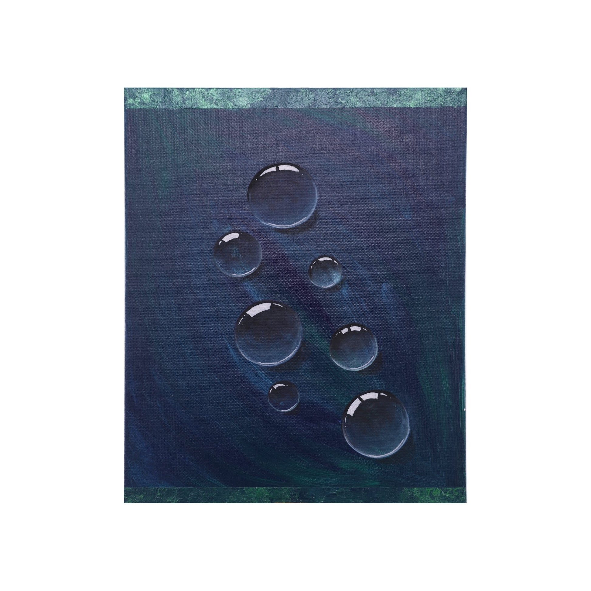 Acrylbild in blau und grün mit Blasen freigestellt