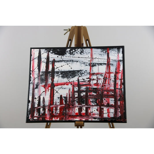 Acrylbild in schwarz, rot und weiß auf Staffelei