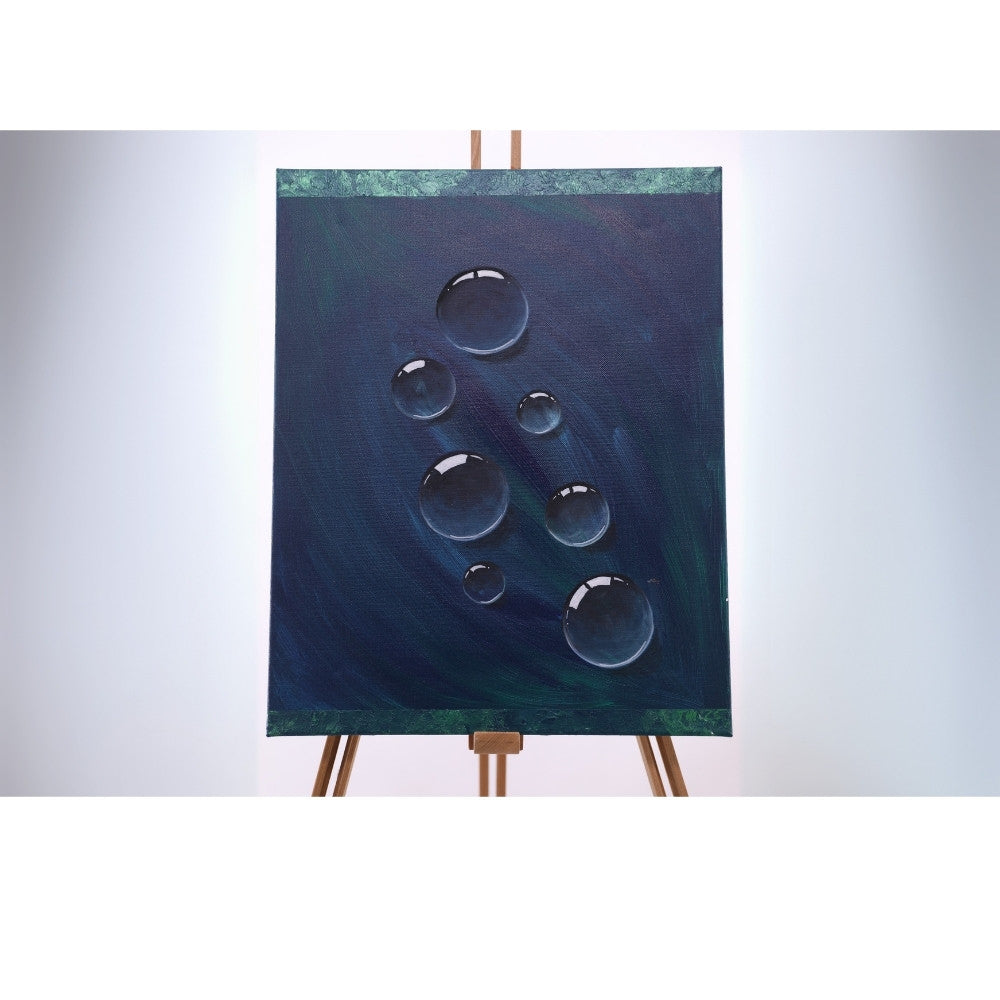 Acrylbild in blau und grün mit Blasen auf Staffelei