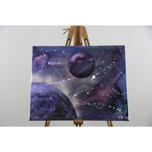 Acrylbild mit Struktur in lila farben auf Staffelei