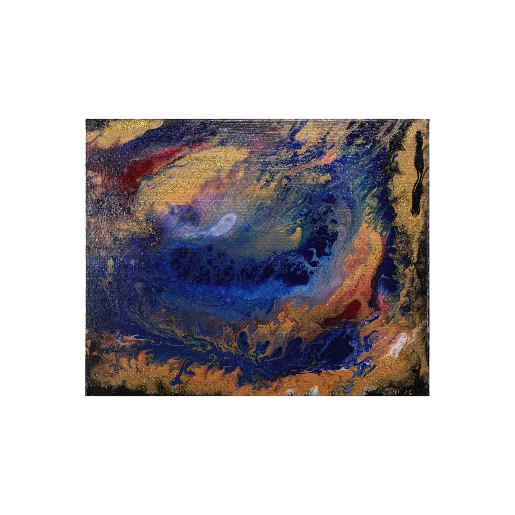 Acyrlic Pouring Bild in Blau und Gold freigestellt