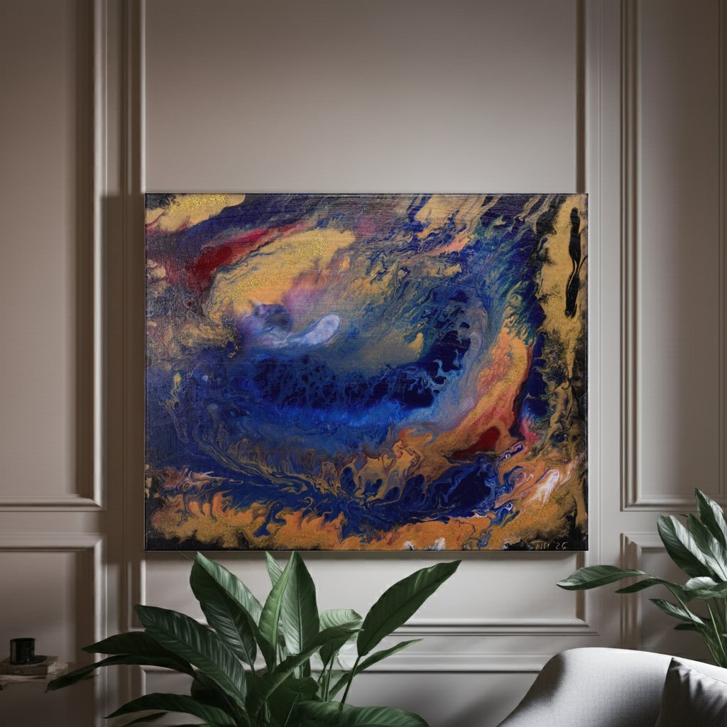 Acrylic Pouring Bild in Blau und Gold an Wand