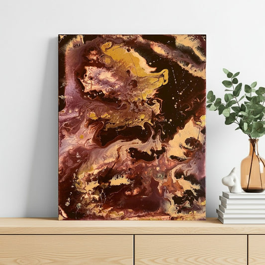 Acrylic Pouring Bild in rot und gold auf Kommode