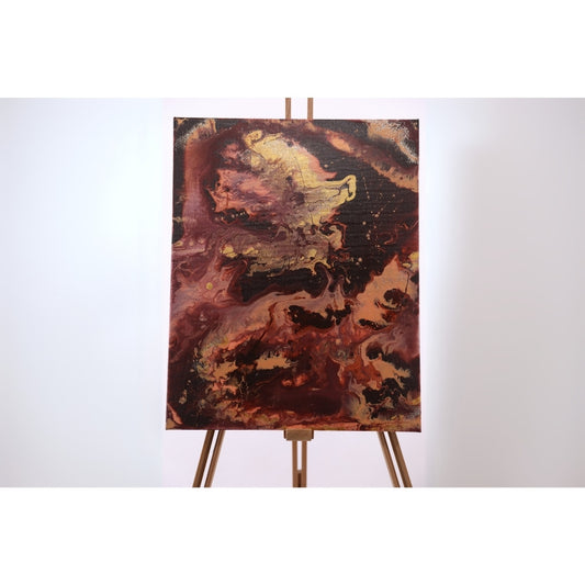 Acrylic Pouring Bild in rot und gold auf Staffelei