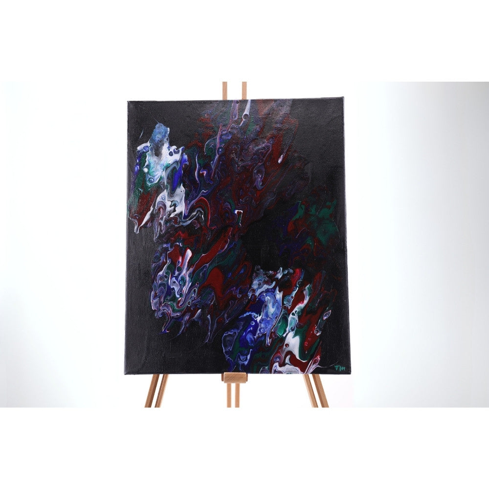 Acrylic Pouring Bild in dunklen Farben auf Staffelei