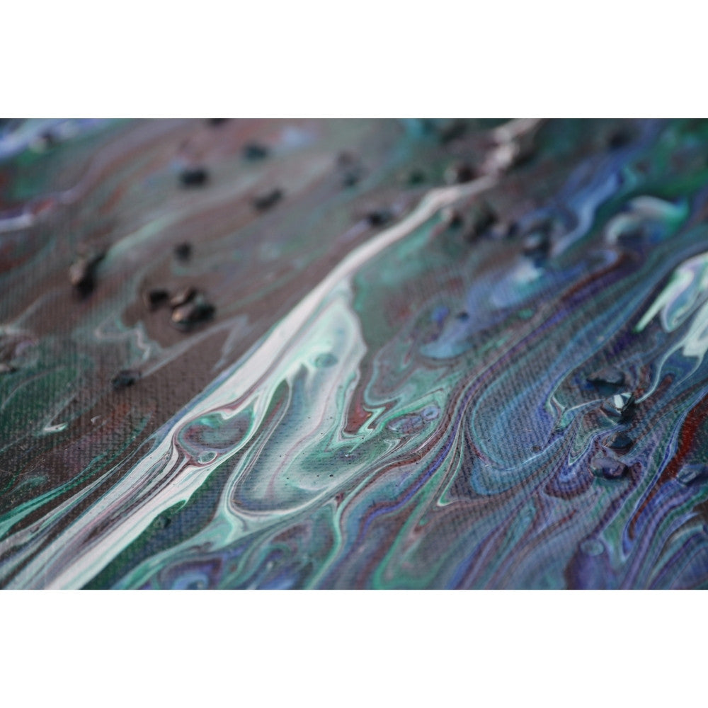 Acrylic Pouring Bild in weiß blau und grün Detailaufnahme