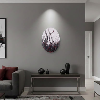 Abstraktes ovales Acrylgemälde in schwarz weiß rot an Wohnzimmer Wand