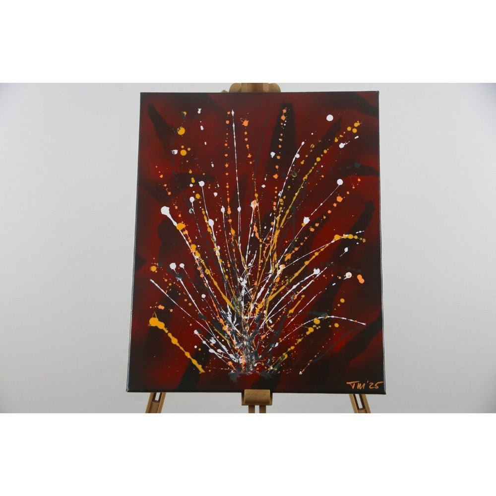 Acrylbild in dunklen roten Farben auf Staffelei