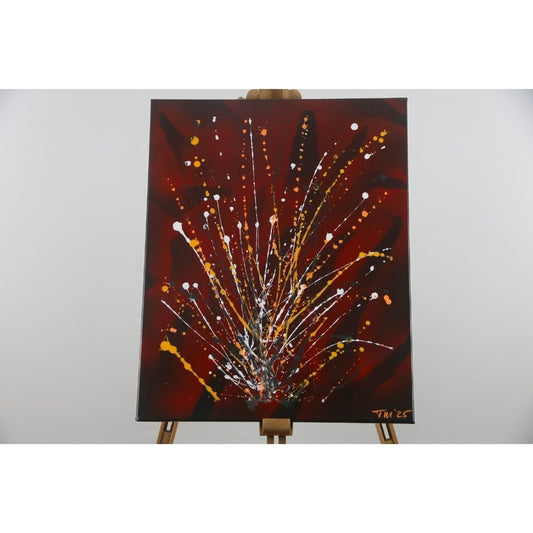 Acrylbild in dunklen roten Farben auf Staffelei