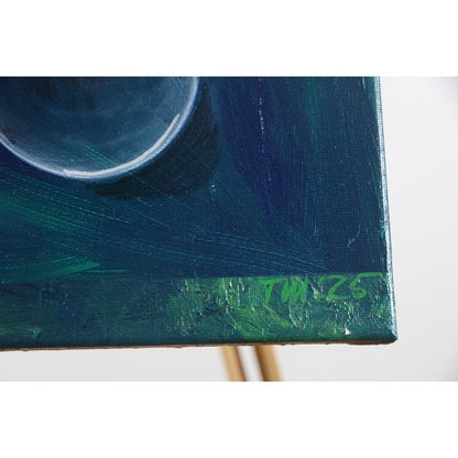 Acrylbild in grünen Farben Detailaufnahme der Signatur