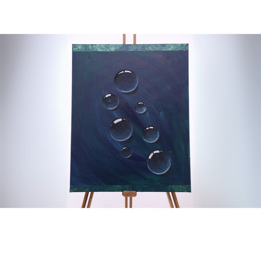 Acrylbild in blau und grün mit Blasen auf Staffelei