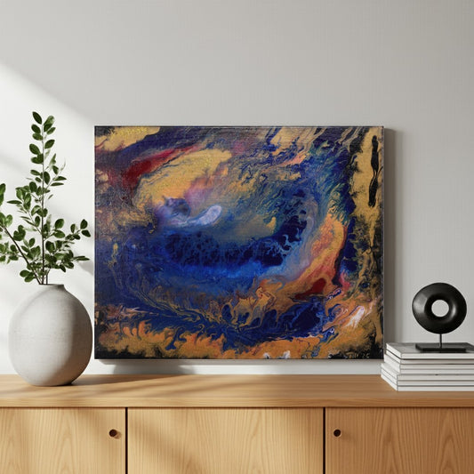 Acrylic Pouring Bild in Blau und Gold auf Kommode