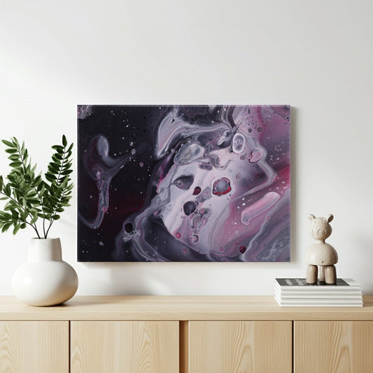 Acrylic Pouring Bild in weiß rot und schwarz auf Kommode