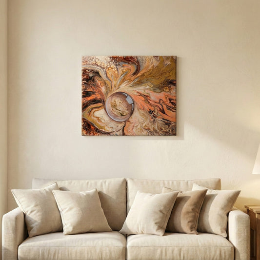 Acrylic Pouring Bild beige-goldenen Farben an Wand