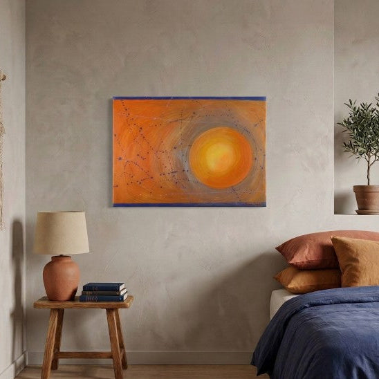 Abstrakte Bilder in Orange an Wand