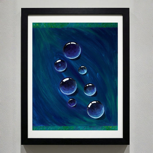 Fine Art Poster Kunstdruck mit Blasen in grün und blau im Rahmen