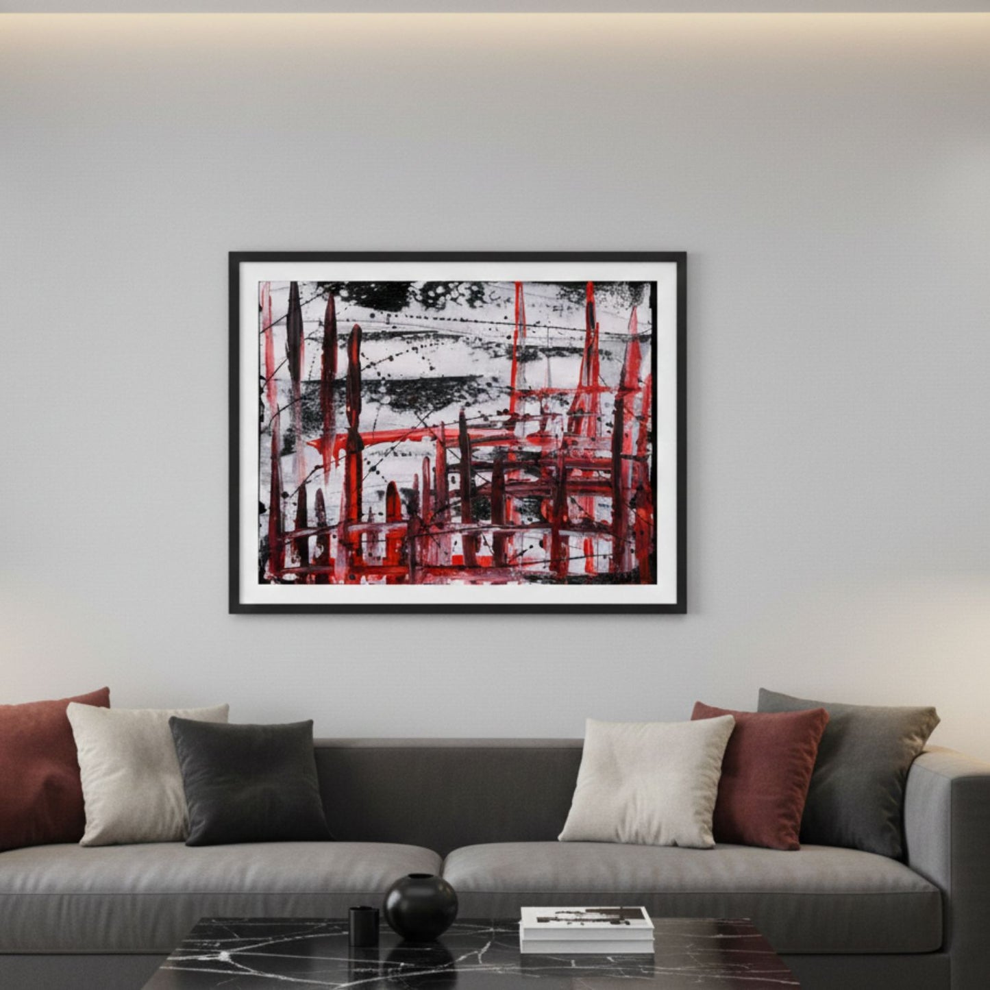 Kunstdruck Fine Art Poster Ruf des Zorns mit Rahmen im Wohnzimmer